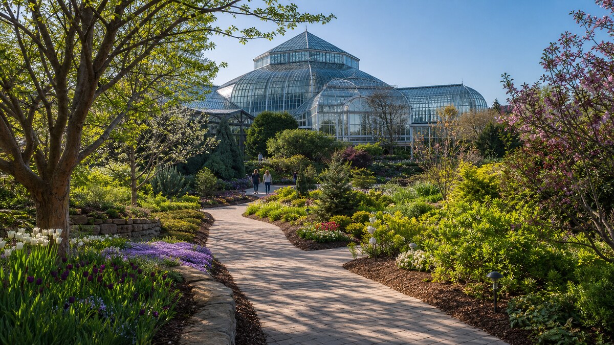 Garden paths and conservatory landscape at Lauritzen Gardens in Omaha