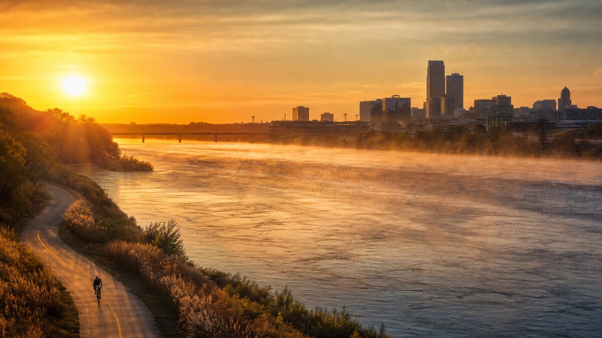 Missouri River beside downtown Omaha in the morning