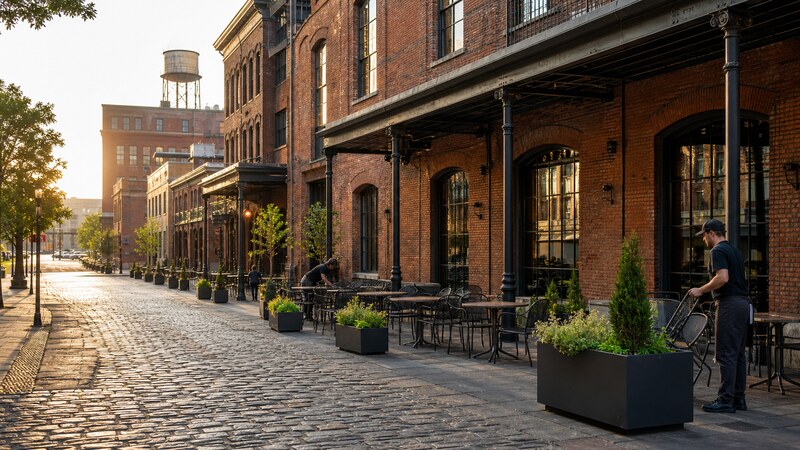 Brick storefronts and cobblestones in Omaha’s Old Market