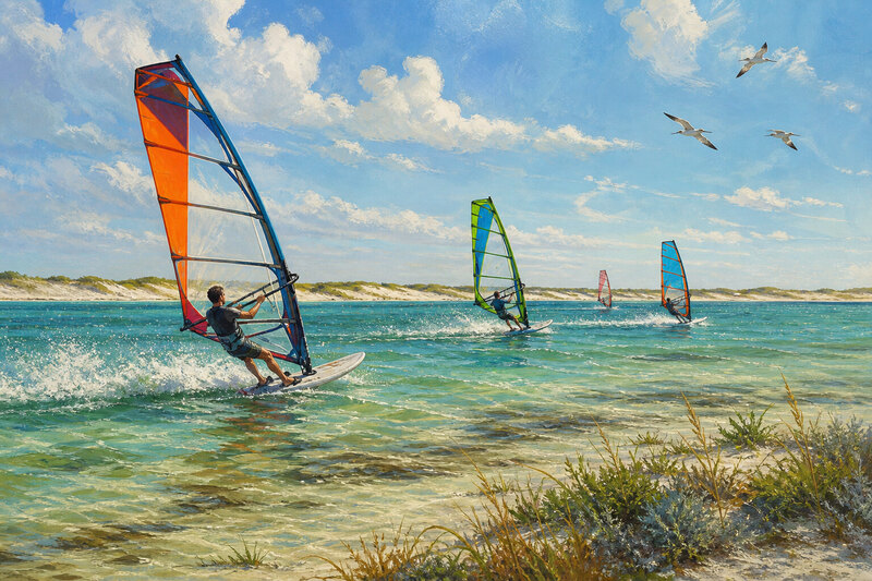 Windsurfers crossing the shallow Upper Laguna Madre at Bird Island Basin
