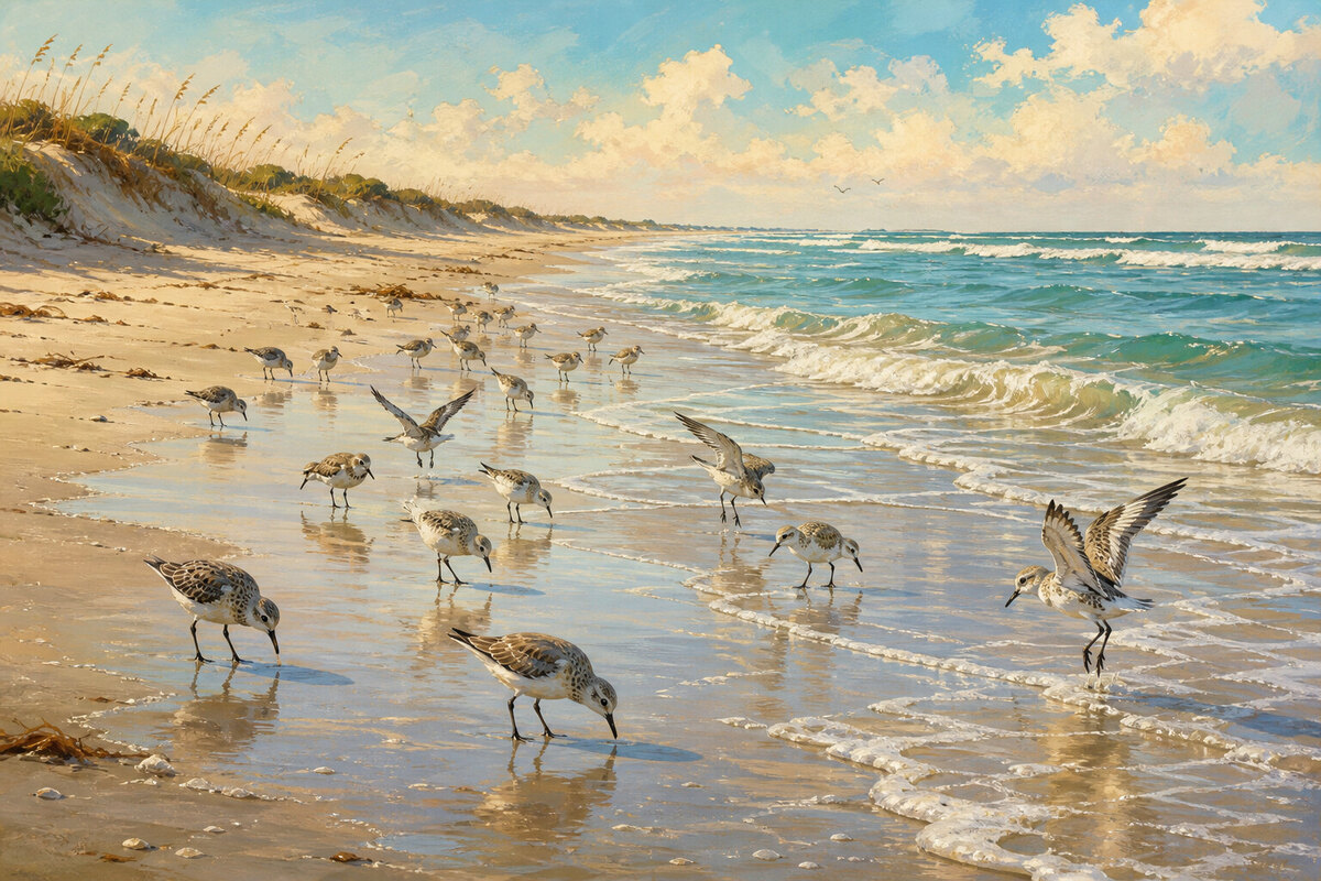 Shorebirds feeding along the Padre Island waterline