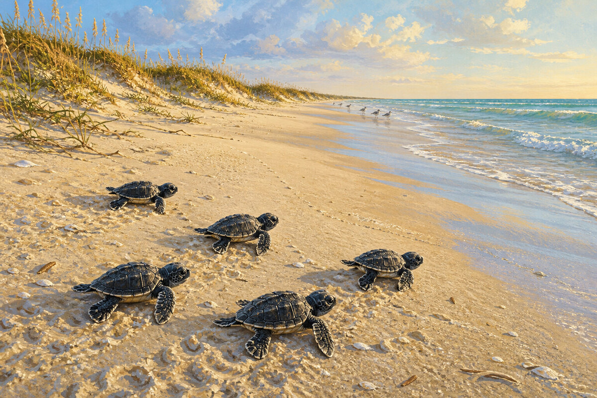 Sea turtle hatchlings crossing damp sand toward the Gulf