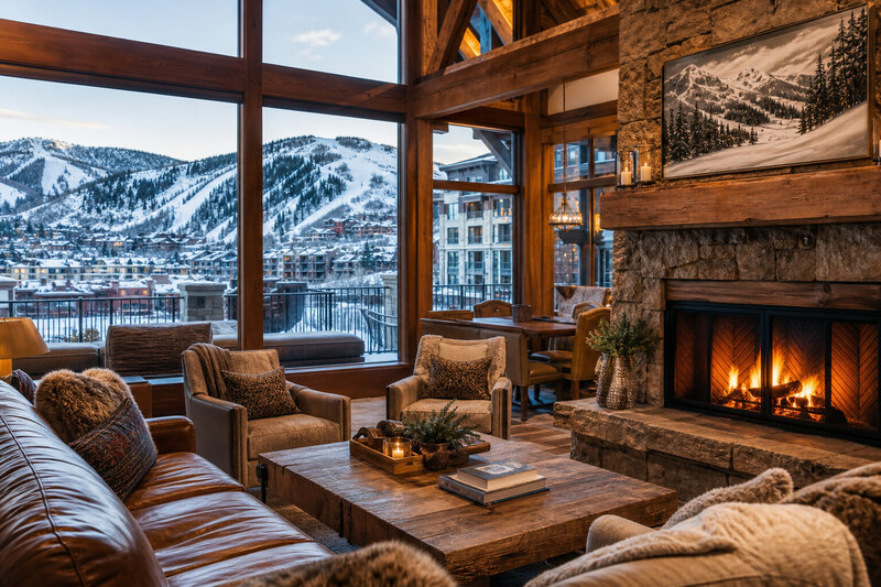 Cozy Park City ski lodge lounge with fireplace