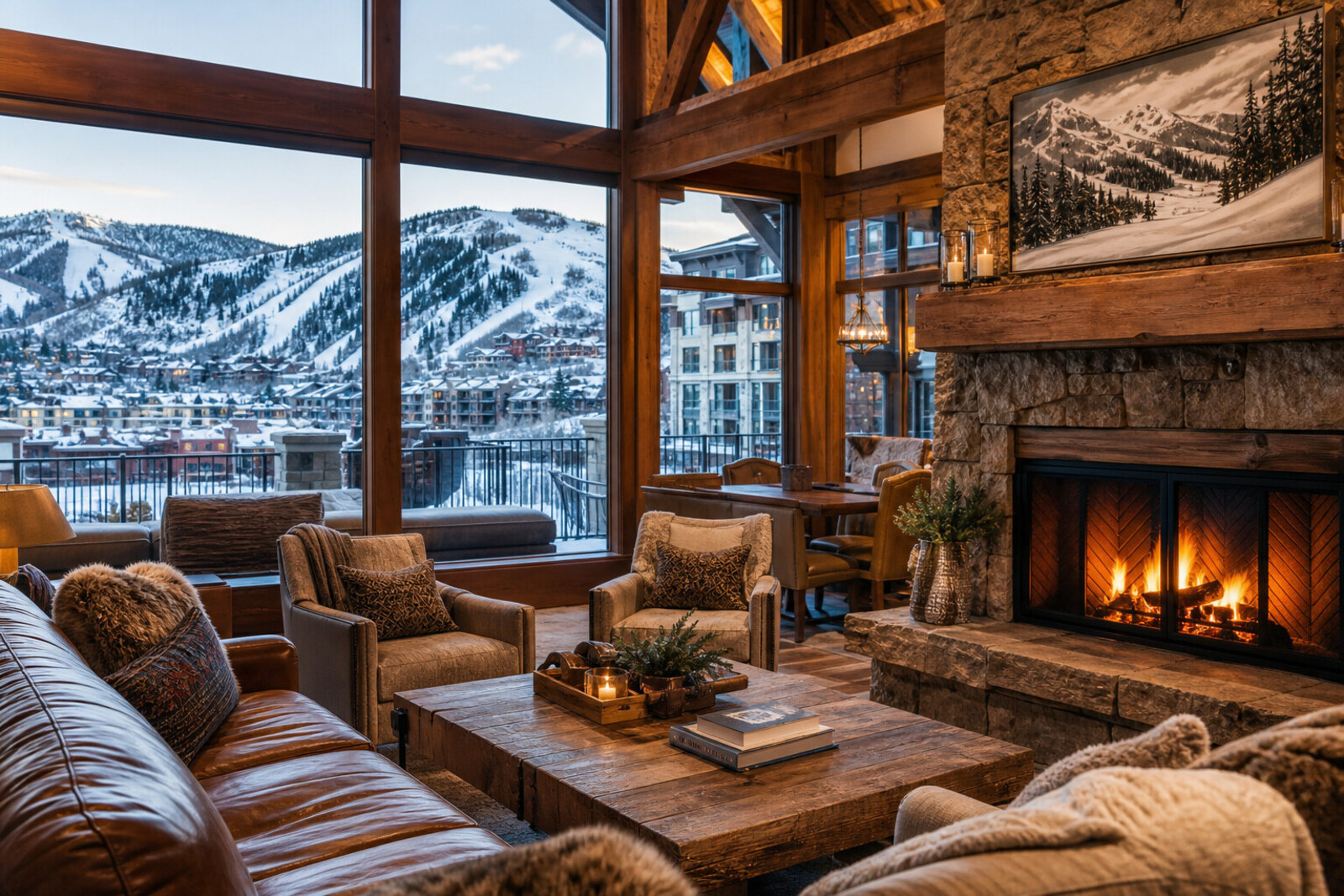 Cozy Park City ski lodge lounge with fireplace