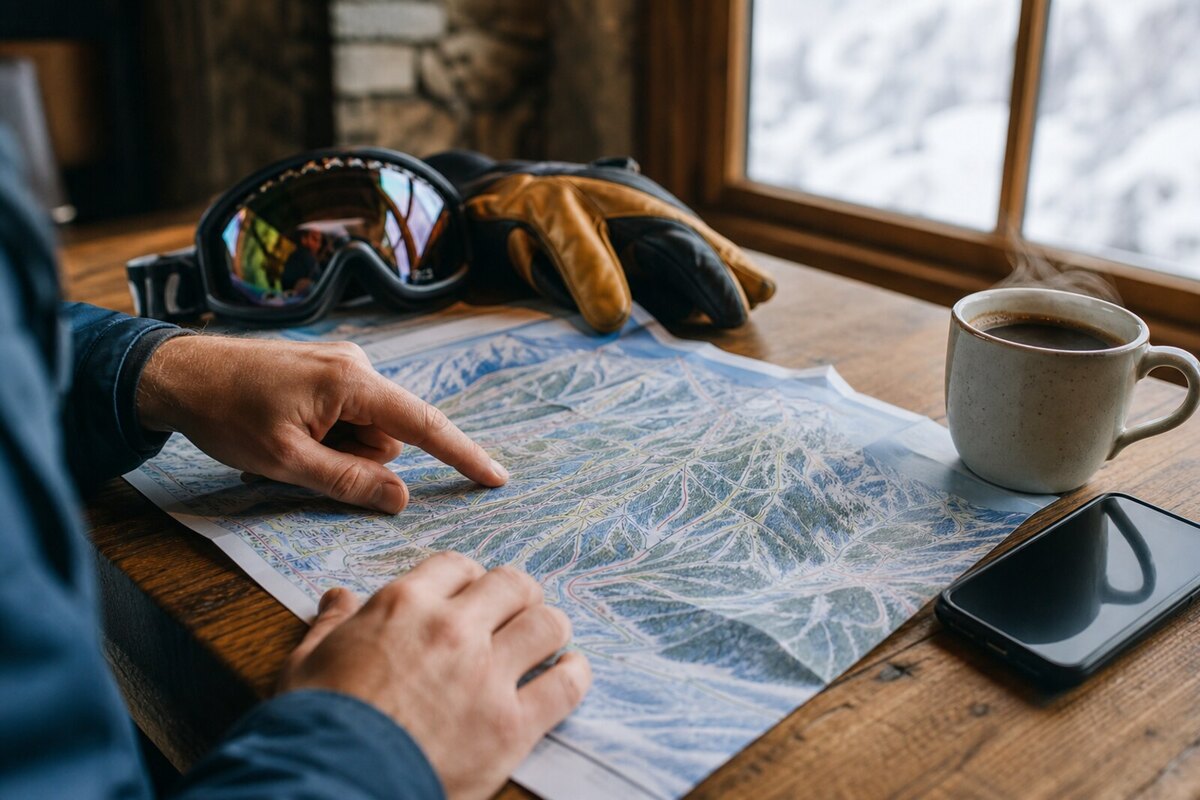 Hands planning a Park City ski day with trail map, goggles, gloves, and coffee