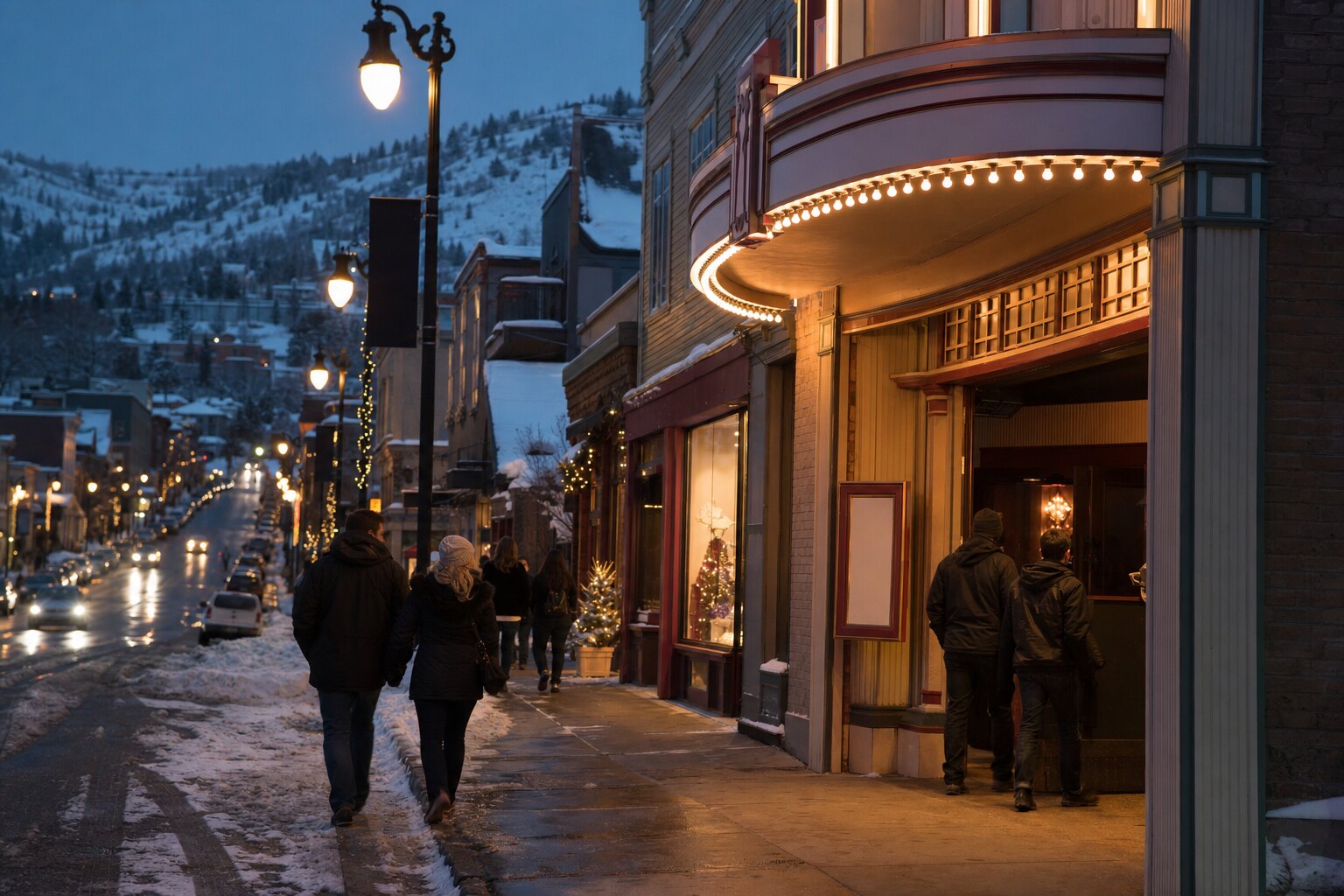 A contextual winter theater street scene in a Wasatch mountain town