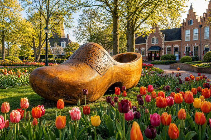 Painterly illustration of a large decorative wooden shoe in a park