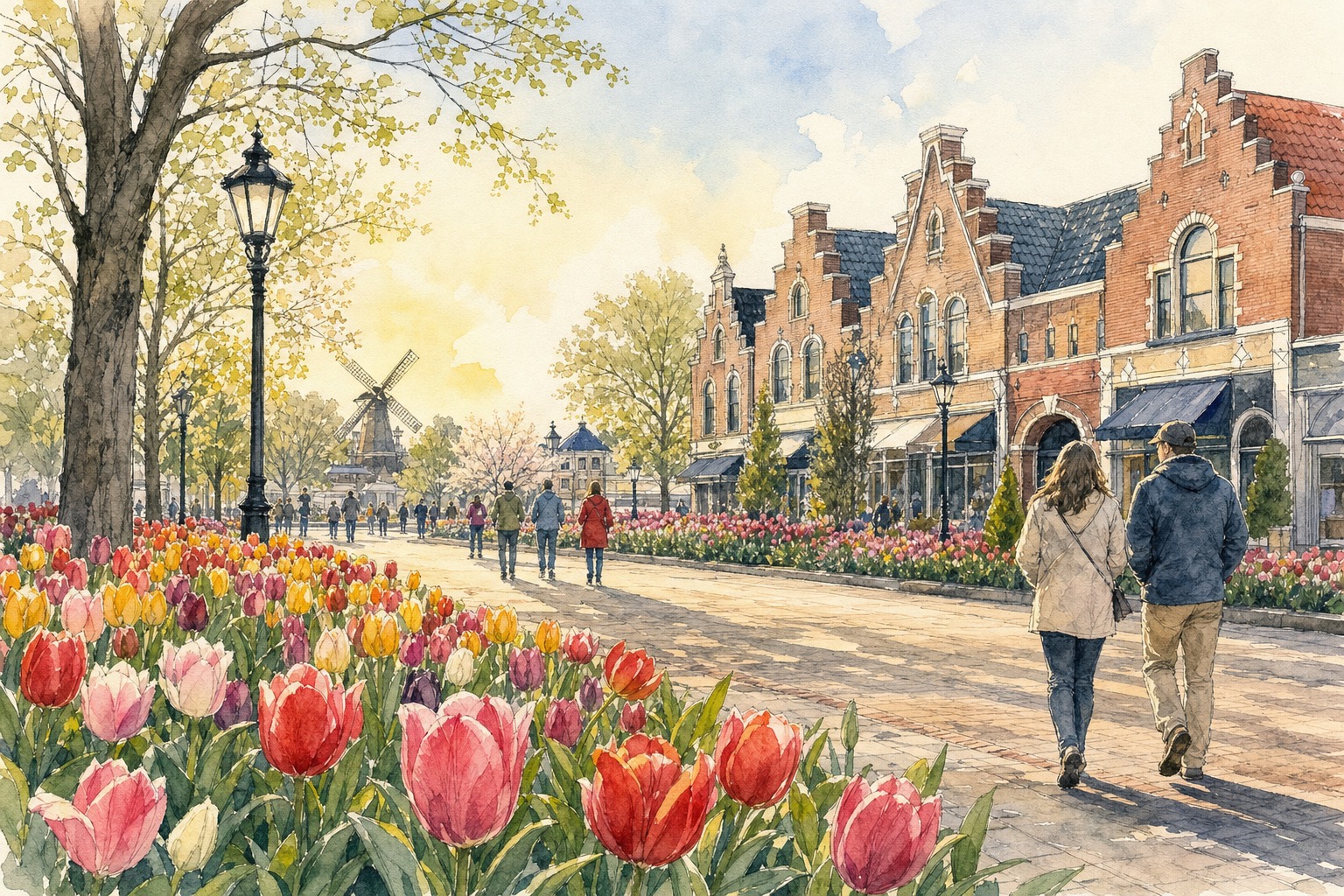Tulips and Dutch storefronts in Pella, Iowa