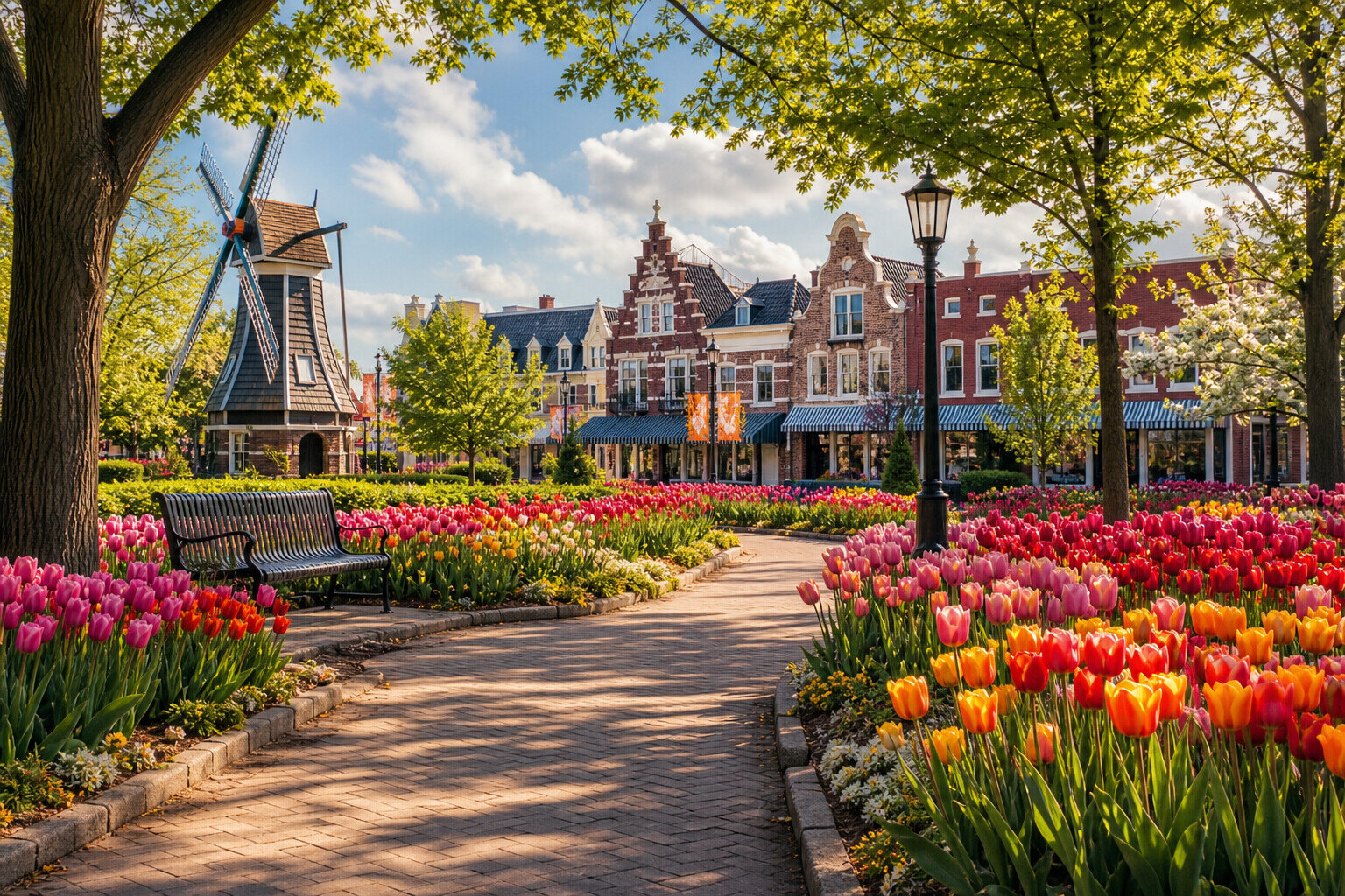 Tulips lining a walkway in Pella Central Park