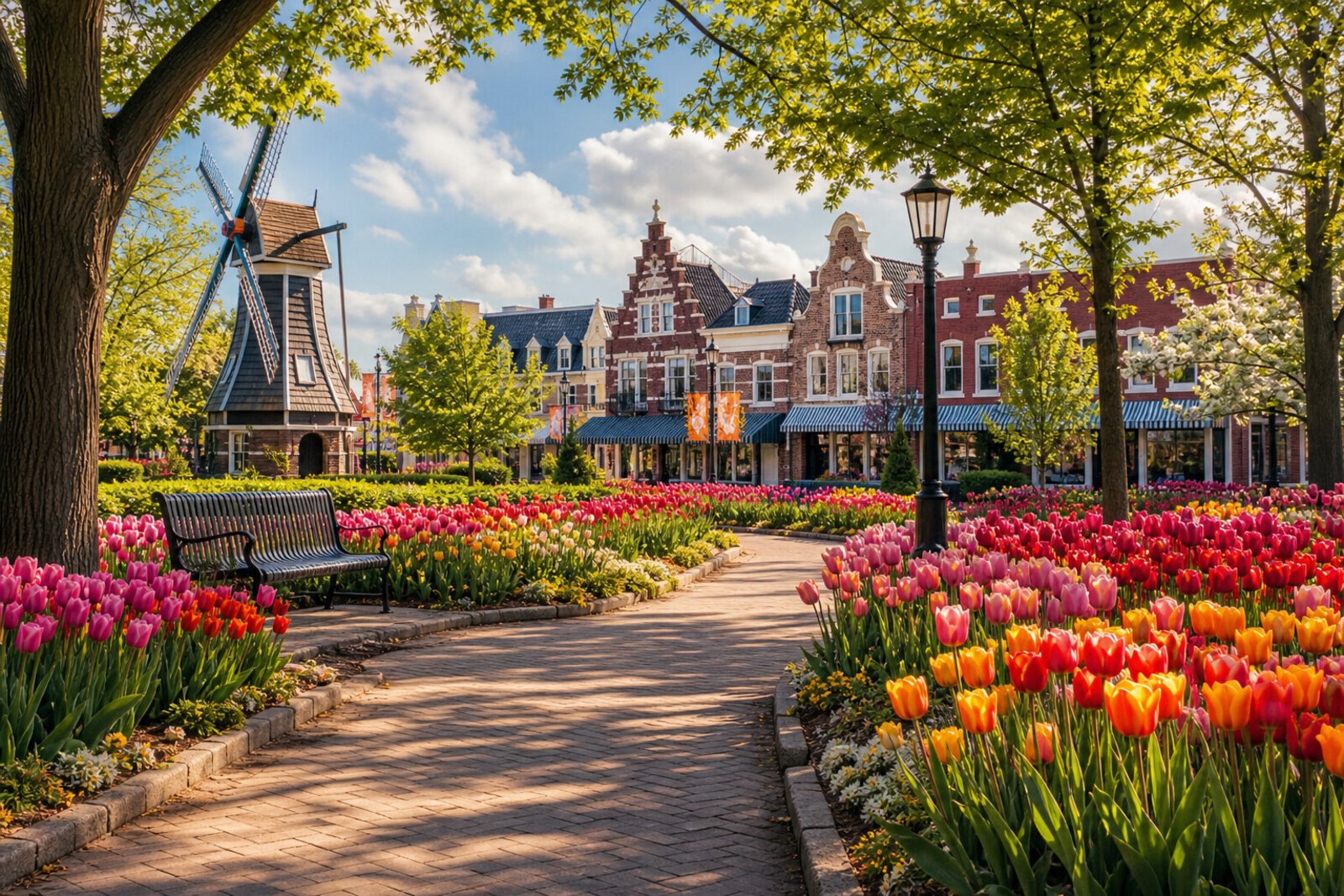 Painterly illustration of tulips and Dutch-inspired storefronts