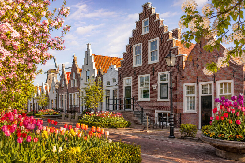 Painterly illustration of a Dutch-inspired village in spring