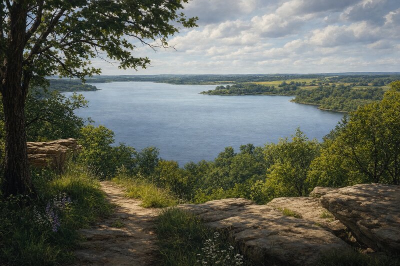 Contextual illustration of a wooded reservoir in central Iowa