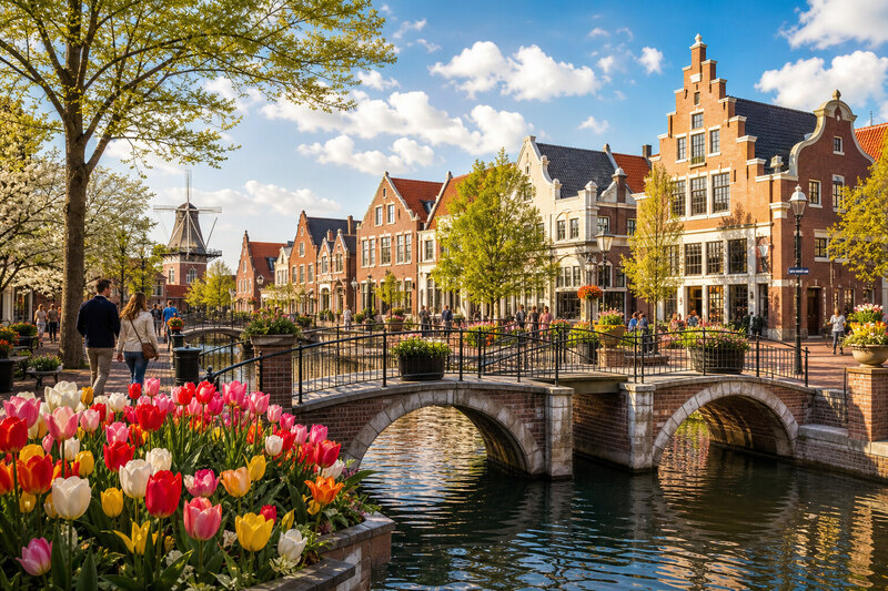 Painterly illustration of a Dutch-inspired canal plaza