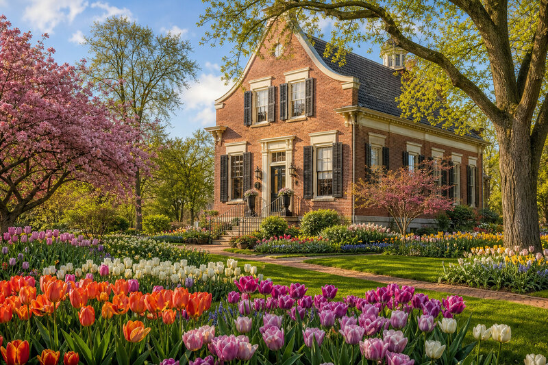 Painterly illustration of a historic house and spring garden