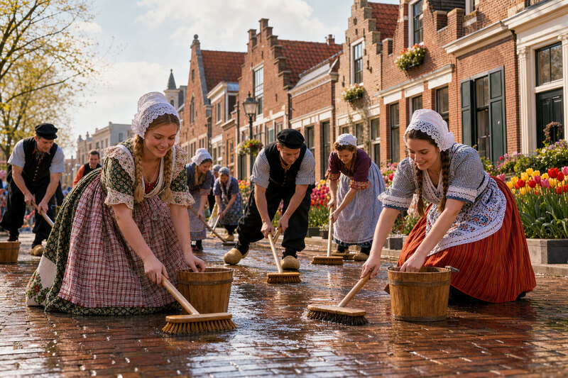 Painterly illustration of a street-scrubbing tradition