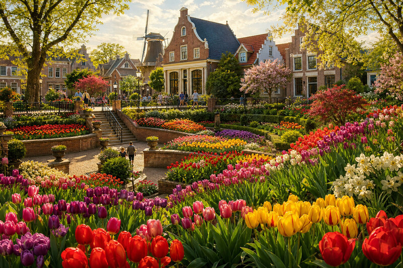 Painterly illustration of a formal tulip garden
