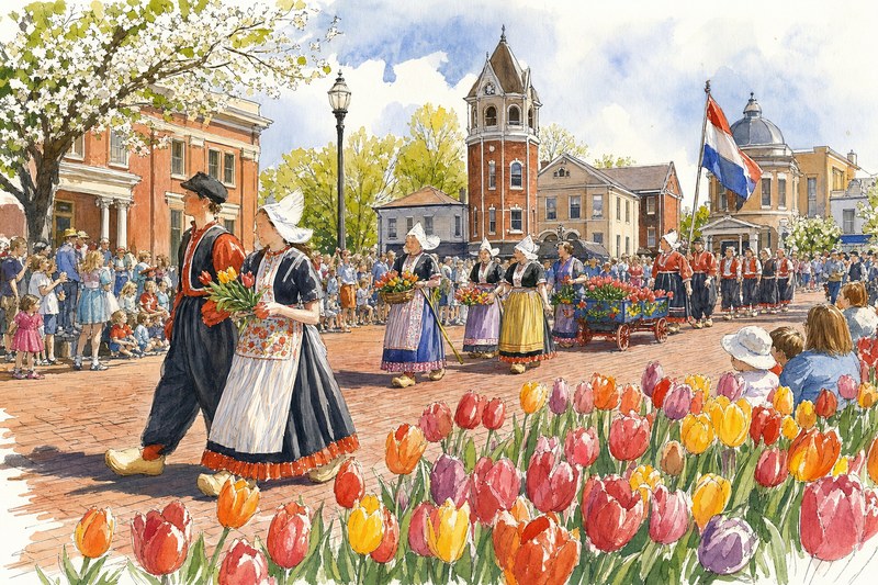 Painterly illustration of a tulip festival parade