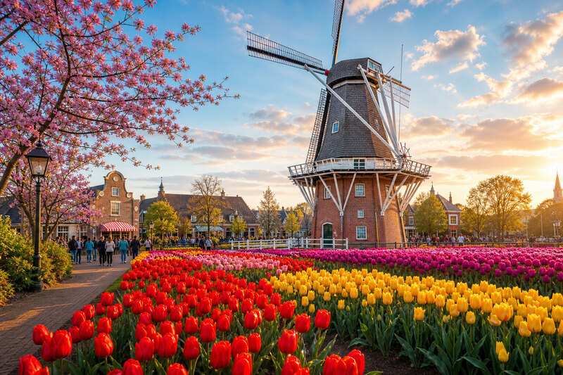 Painterly illustration of a Dutch windmill beside tulip beds