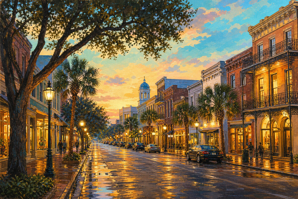 Downtown Pensacola and Palafox Street at dusk