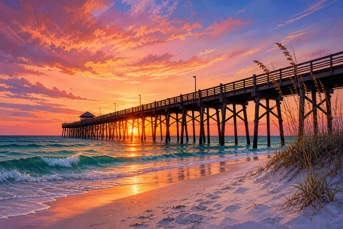 Pensacola Beach shoreline and pier near sunset