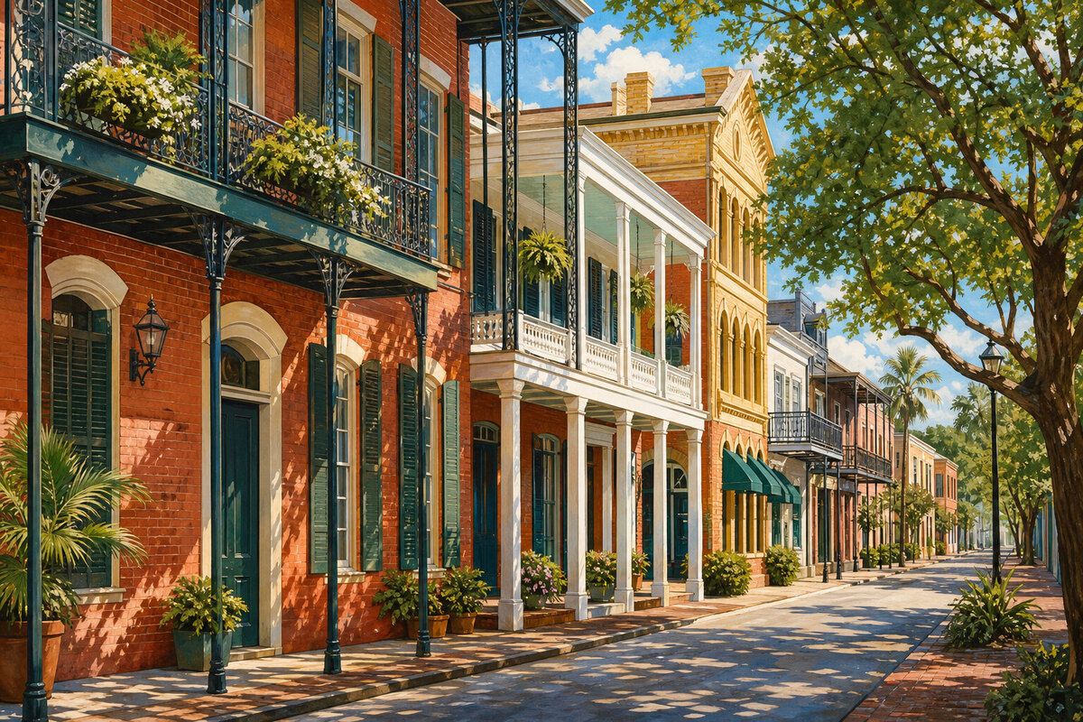 Historic brickwork, balconies, and architectural details in downtown Pensacola