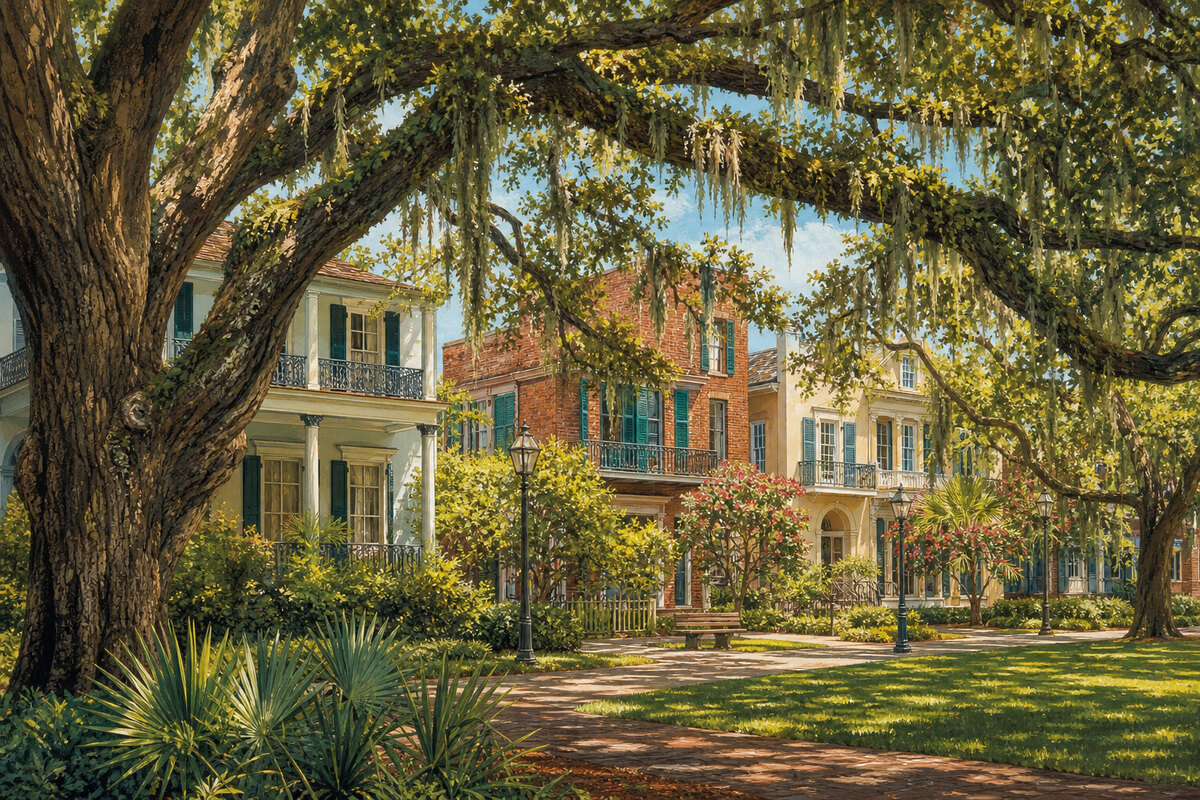 Live oaks and historic buildings around Seville Square in Pensacola