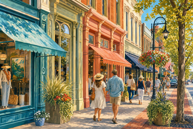 Illustrated Petoskey Gaslight District street scene
