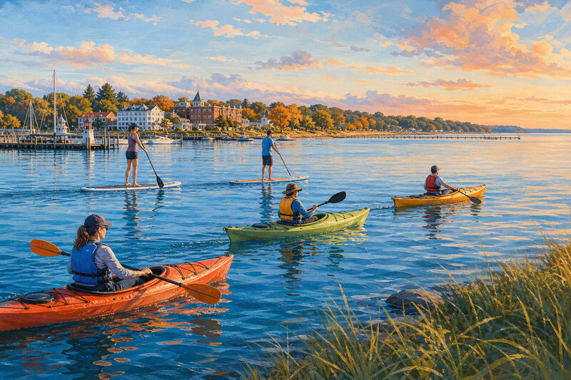Paddleboarder on calm Little Traverse Bay water