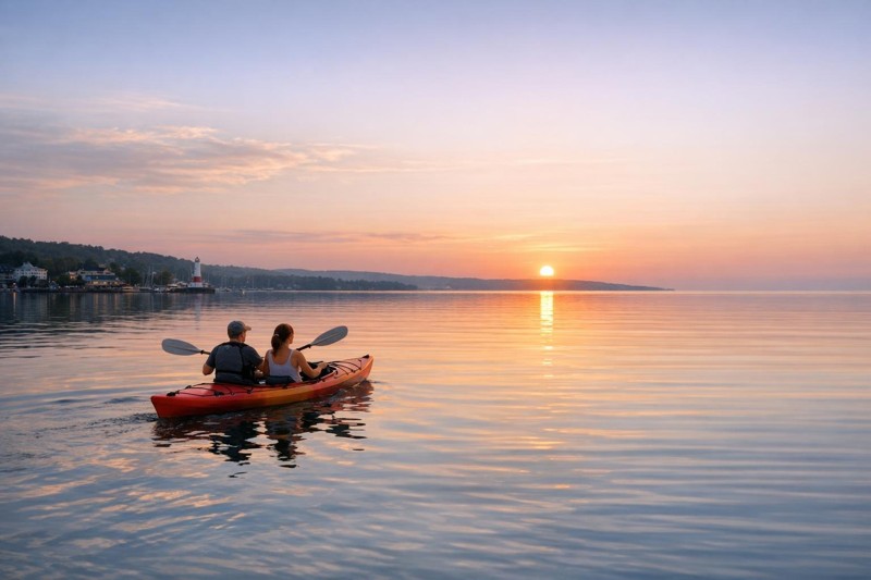 Paddleboarder on calm Little Traverse Bay water