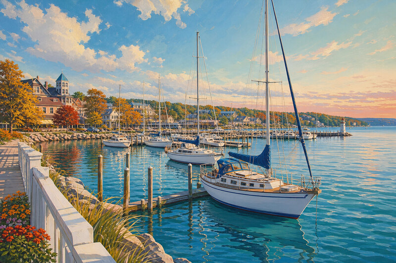 Illustrated sailboats at a Little Traverse Bay marina