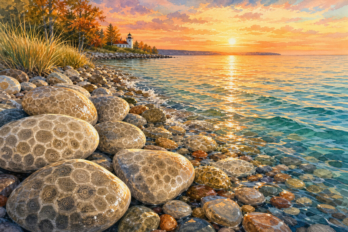 Watercolor cue art of Little Traverse Bay shoreline, Petoskey stone hunting, marina, and sunset cruise