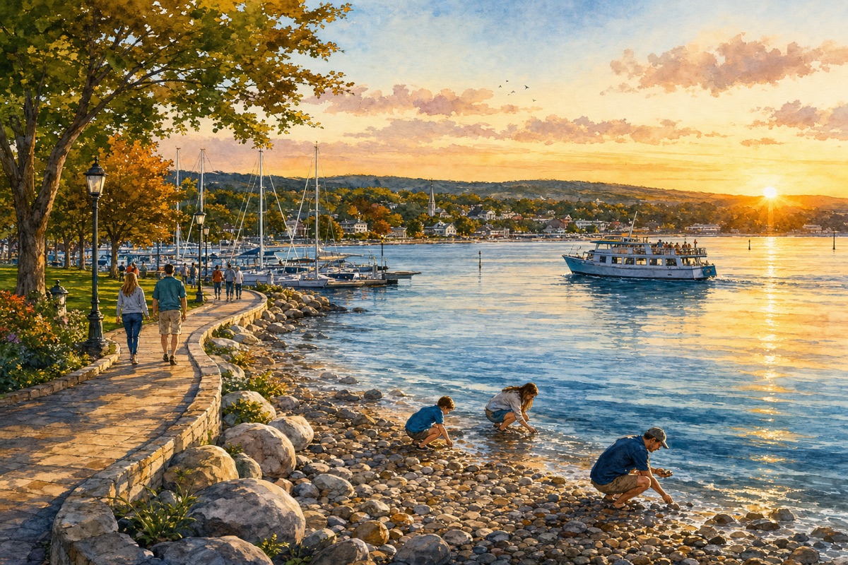 Watercolor cue art of Little Traverse Bay shoreline, Petoskey stone hunting, marina, and sunset cruise