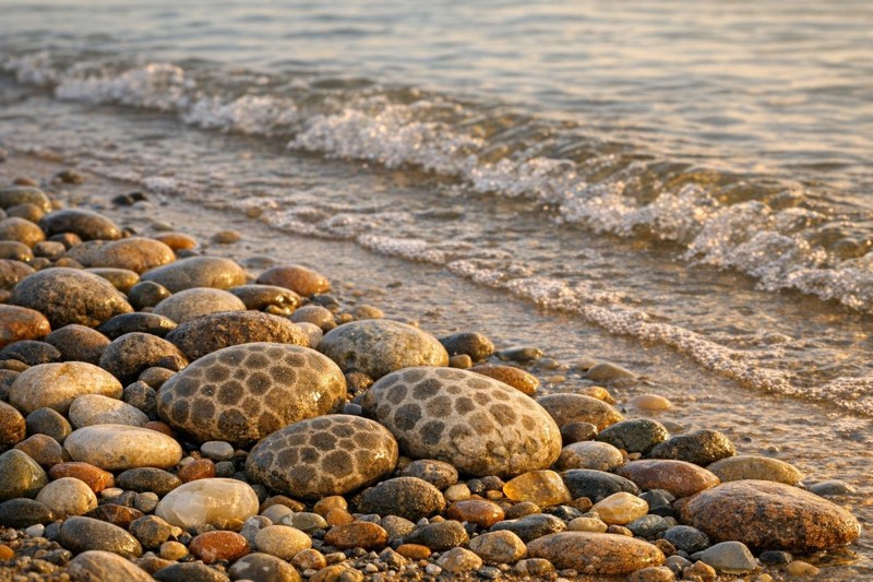 Petoskey stones on a rocky beach
