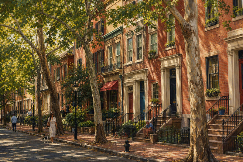 Philadelphia rowhouses on a tree-lined neighborhood street