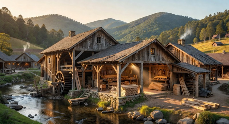 Rustic craft and mill area with Smoky Mountain theme park atmosphere