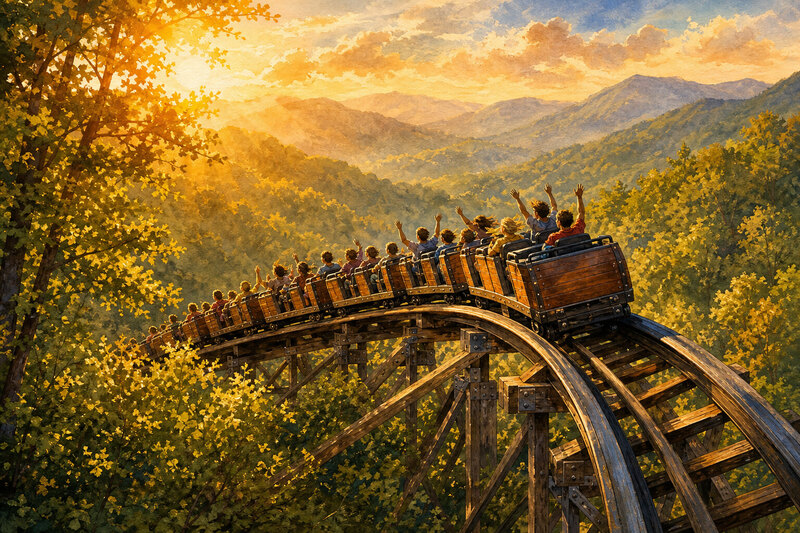 Theme park coaster with Smoky Mountain backdrop near Pigeon Forge