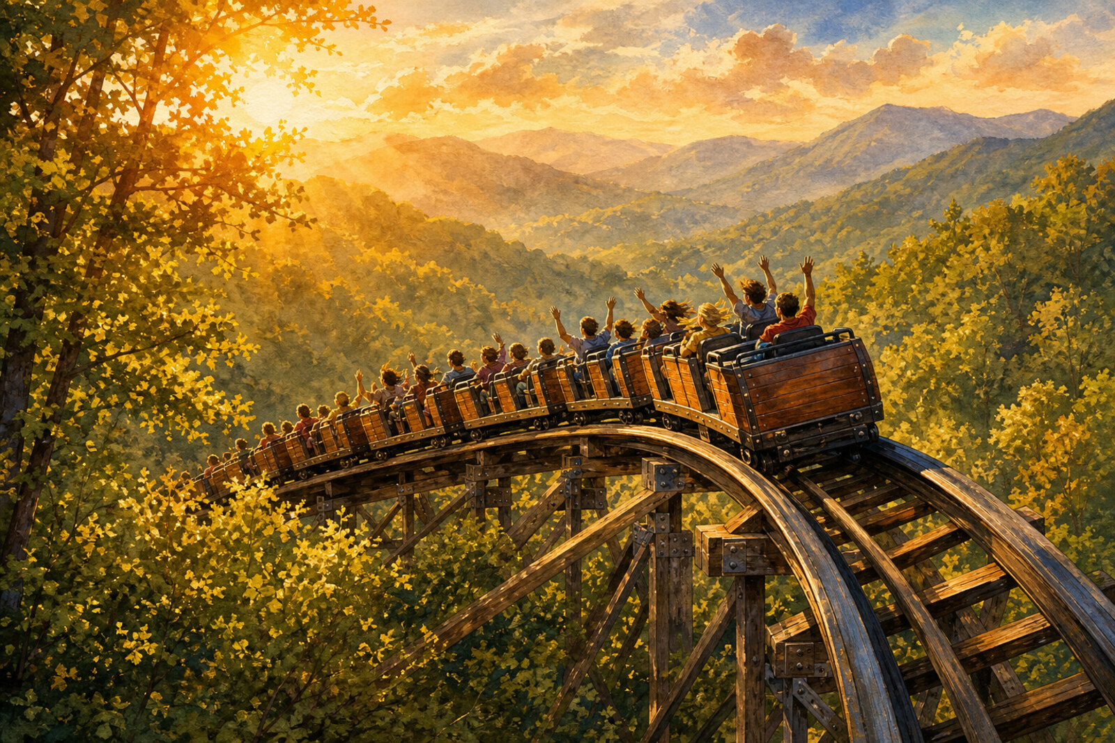 Smoky Mountain theme park coaster at golden hour near Pigeon Forge