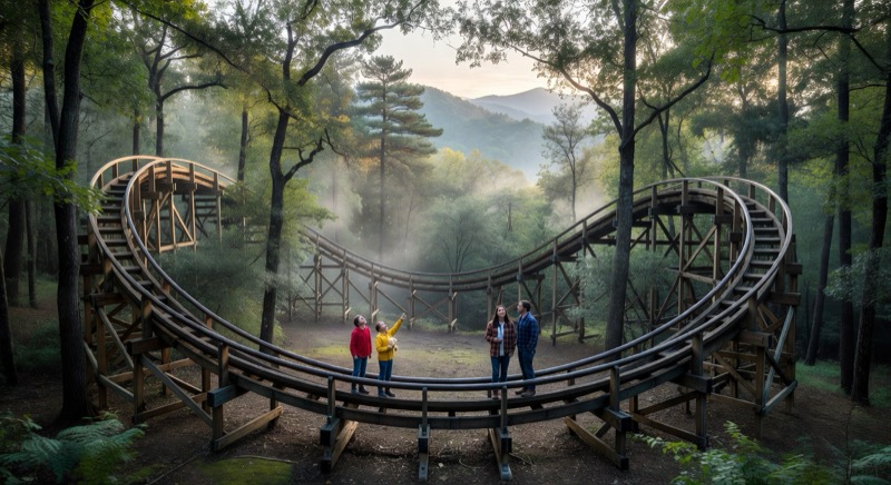 Smoky Mountain theme park coaster at golden hour near Pigeon Forge