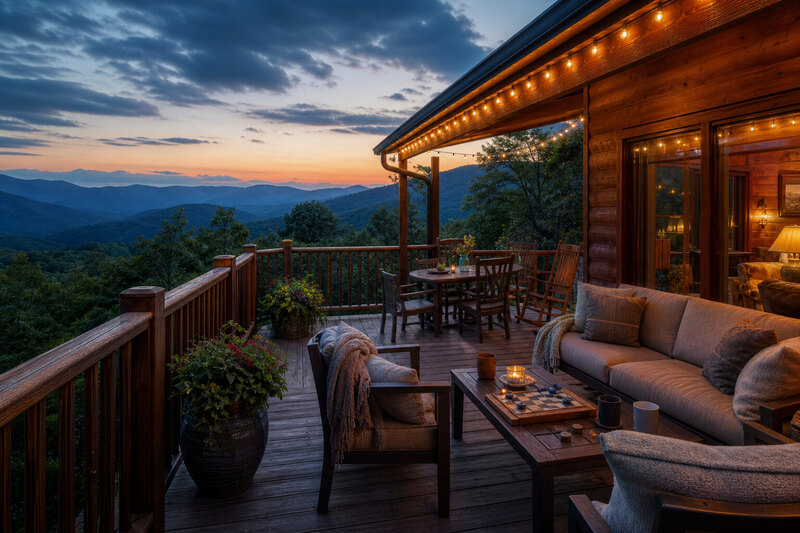Pigeon Forge cabin deck with Smoky Mountain view at blue hour