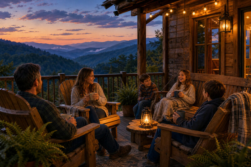Pigeon Forge cabin deck with Smoky Mountain view at blue hour