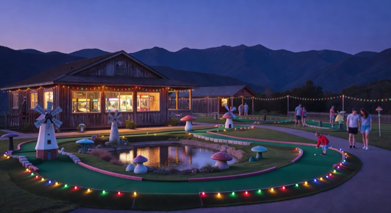 Colorful family mini golf and arcade evening scene in Pigeon Forge