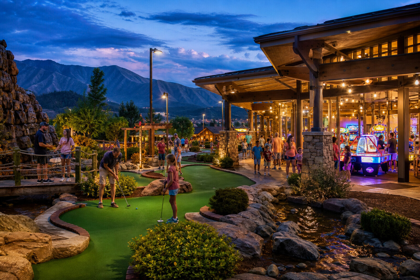 Colorful family mini golf and arcade evening scene in Pigeon Forge