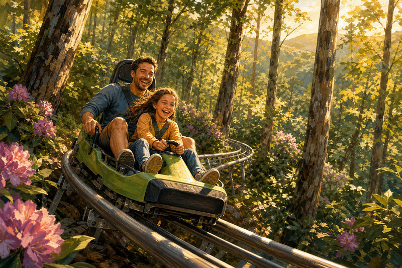Mountain coaster track through the woods near Pigeon Forge