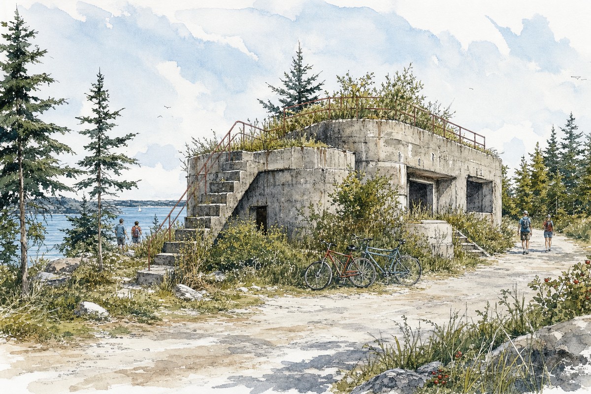 Ink watercolor view of Battery Steele and bicycles on Peaks Island