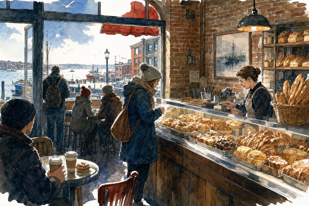 Ink watercolor view of a Portland bakery morning near the waterfront