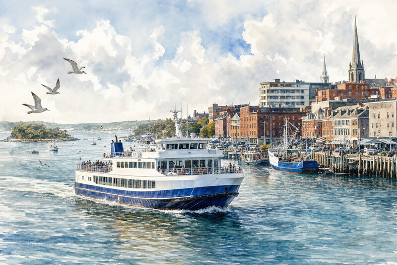Casco Bay ferry leaving the Portland waterfront