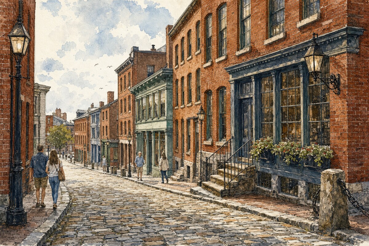 Brick storefronts and cobblestones along Portland Old Port streets