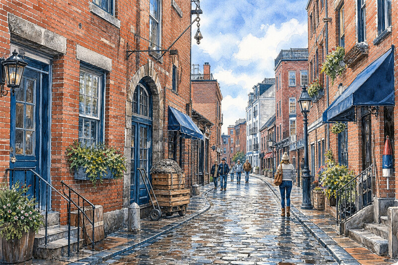 Old Port cobblestone street and brick storefronts in Portland, Maine