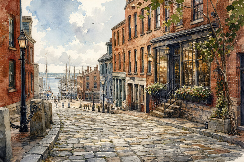 Old Port cobblestone street and brick storefronts in Portland, Maine