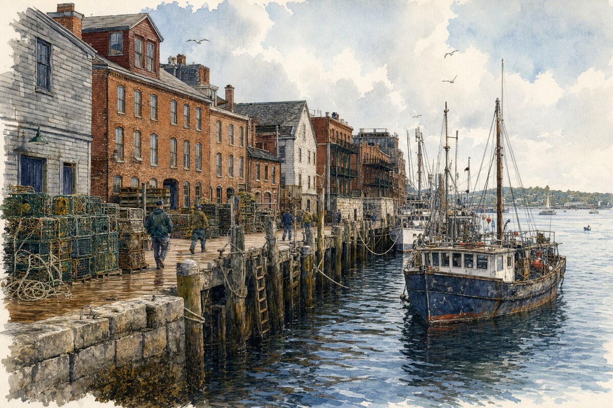 Working wharf with lobster boats and traps on Portland waterfront